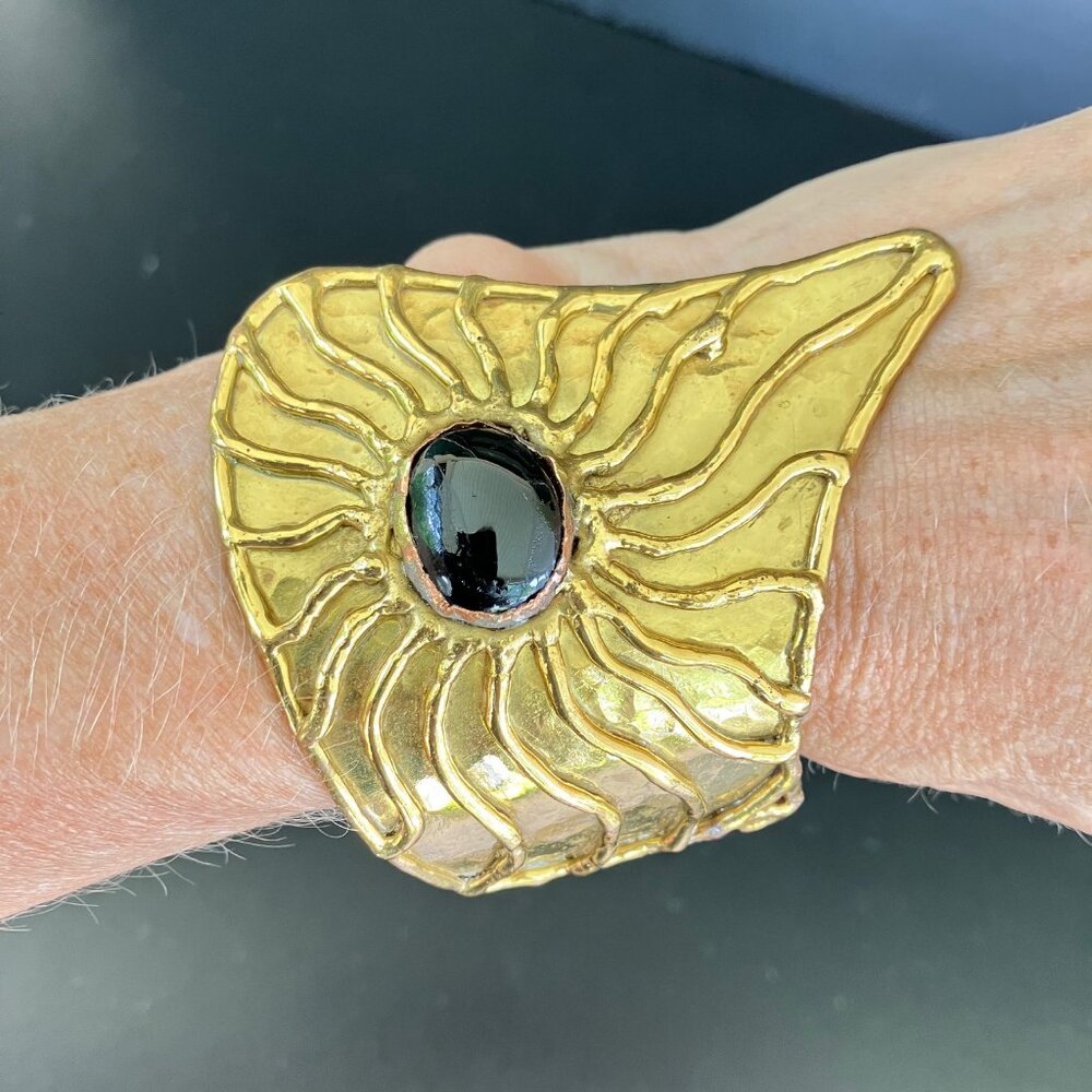 Hammered Brass Exart Mexico Brutalist Sunburst Open Cuff Bracelet